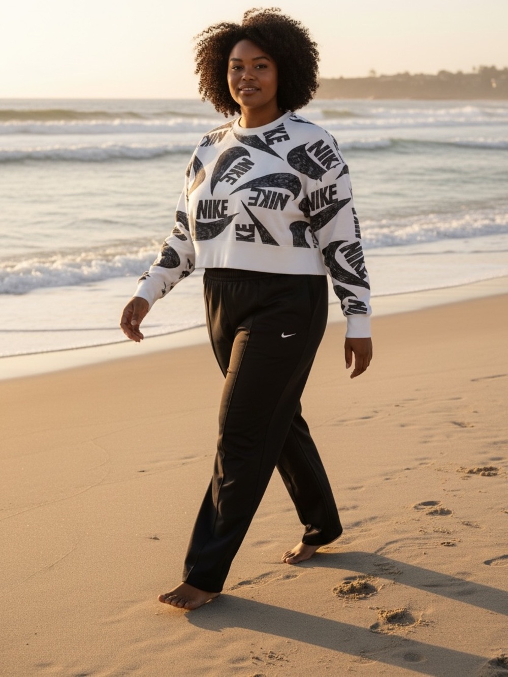 Women’s two piece Nike White Cropped Logo Sweatshirt with Black Nike Track Pants - Picture 1 of 10